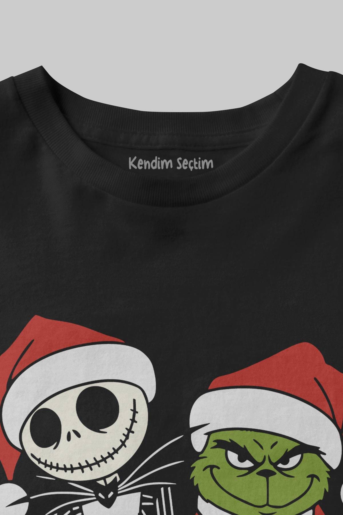 Noel Şapkalı Grinch ve Jack Skellington Yılbaşı Christmas Siyah Çocuk Kısa Kollu Tişört - 2