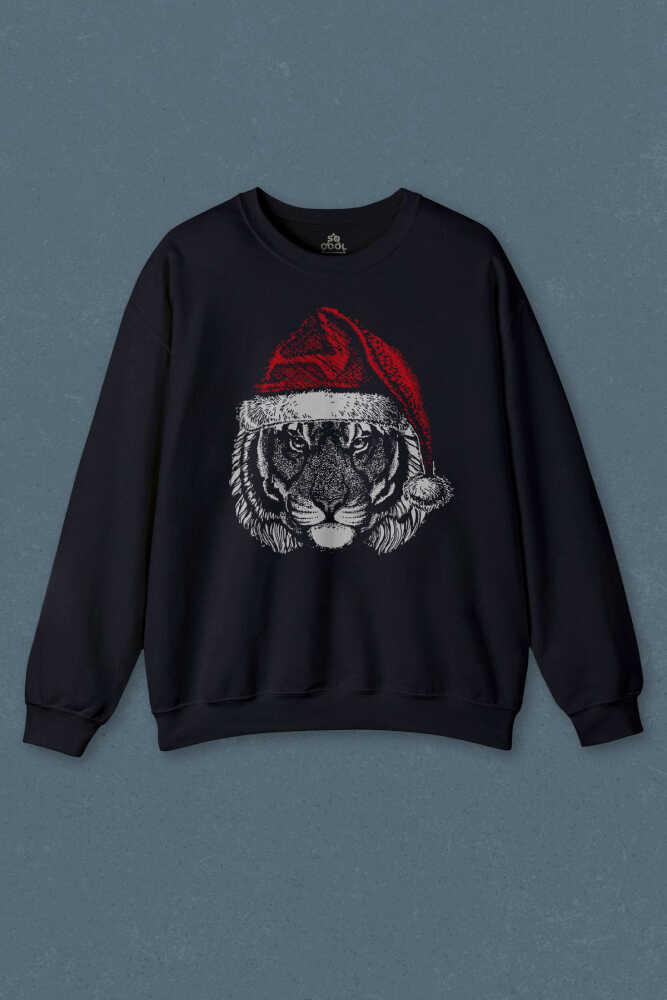 Noel Şapkalı Kaplan Tiger Wild Cat Yılbaşı Christmas Lacivert Unisex Bisiklet Yaka Sweatshirt