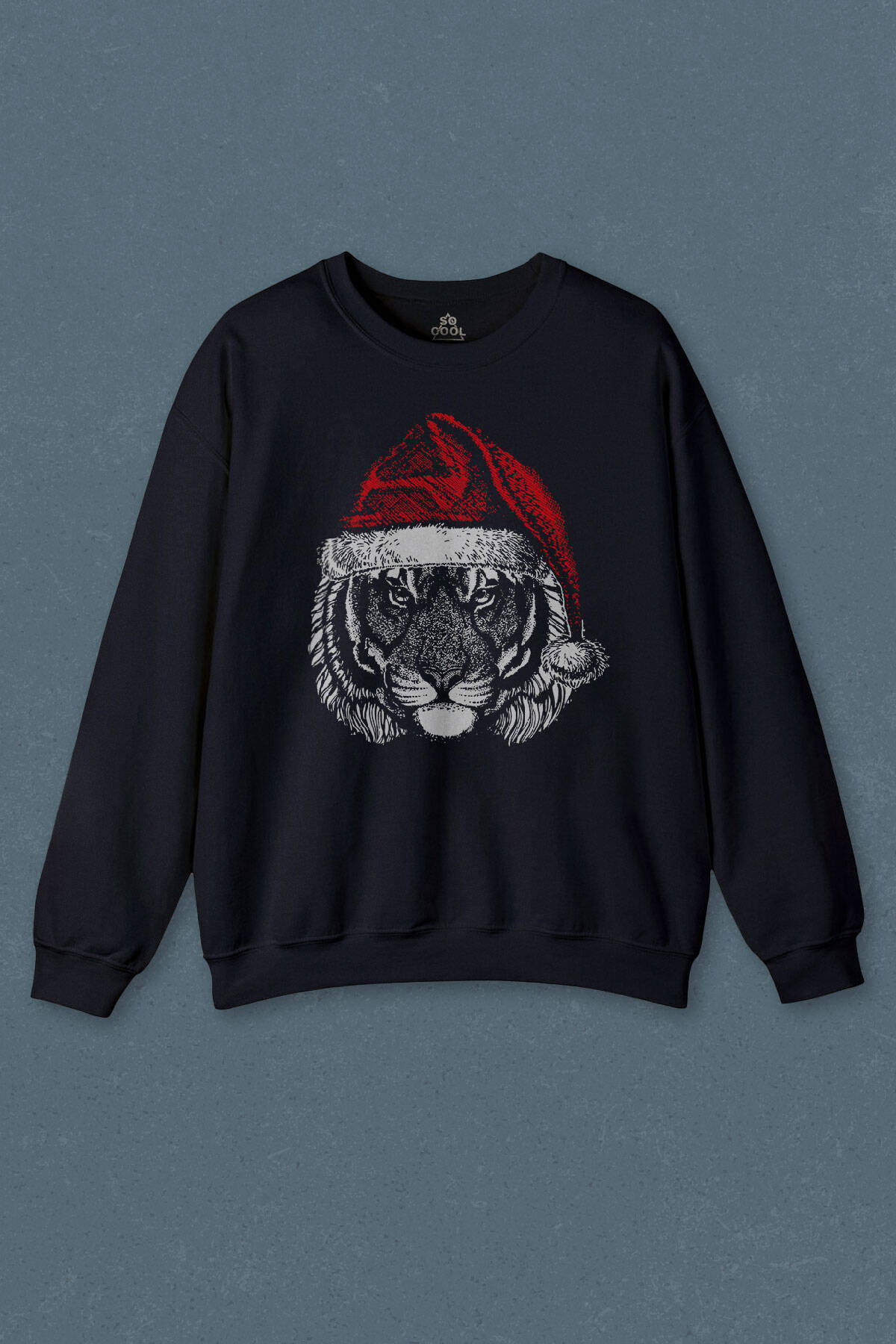 Noel Şapkalı Kaplan Tiger Wild Cat Yılbaşı Christmas Lacivert Unisex Bisiklet Yaka Sweatshirt - 1