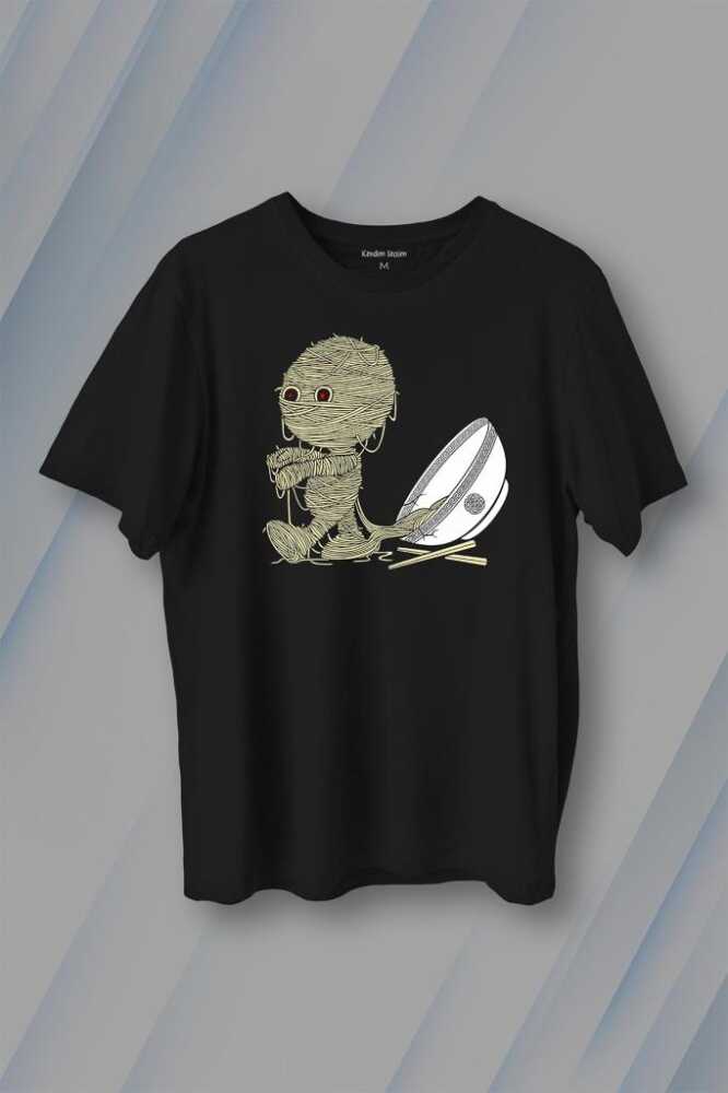 Noodle Mummy Mumya Totem Komik Baskılı Siyah Tişört Unisex