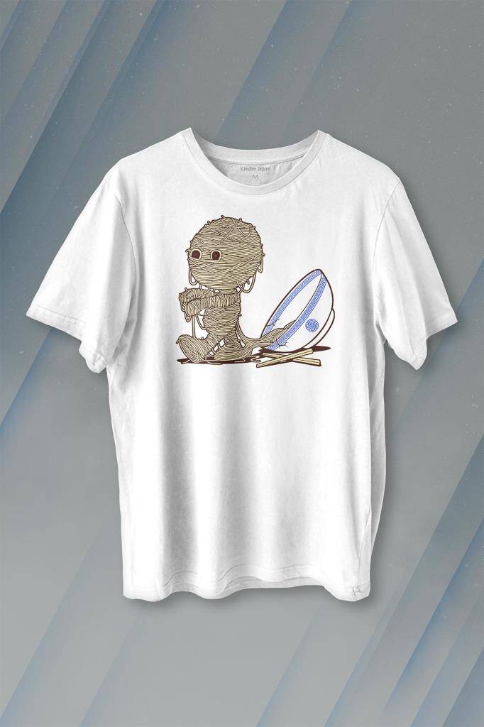 Noodle Mummy Mumya Totem Komik Baskılı Beyaz Tişört Unisex