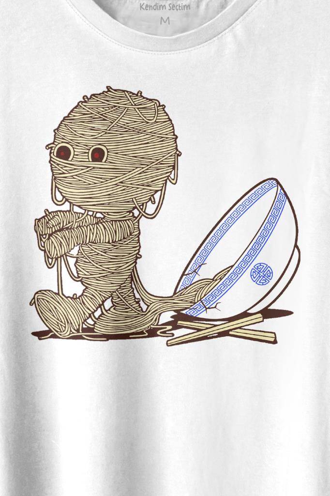 Noodle Mummy Mumya Totem Komik Baskılı Beyaz Tişört Unisex (1)