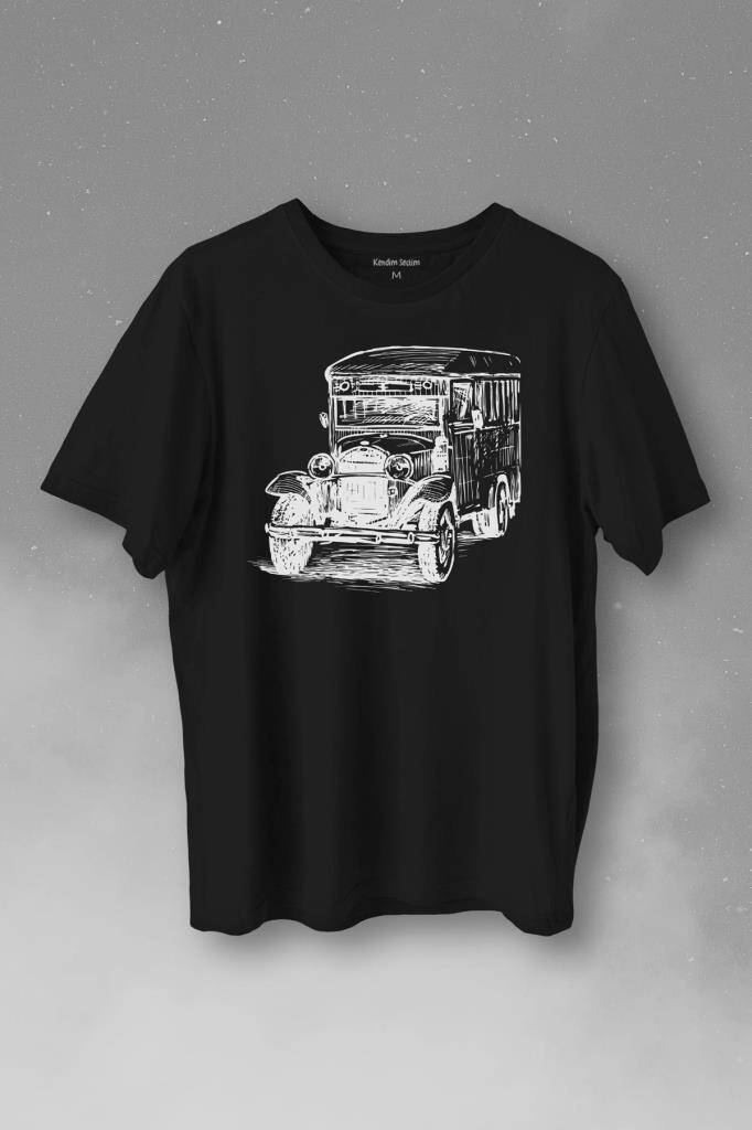 Old Bus Eski Yaşlı Nostalji Otobüs Baskılı Siyah Tişört Unisex