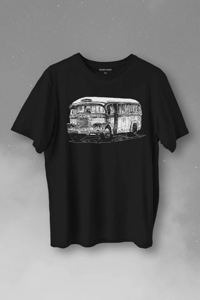 Old Bus Eski Yaşlı Nostalji Retro Otobüs Baskılı Siyah Tişört Unisex