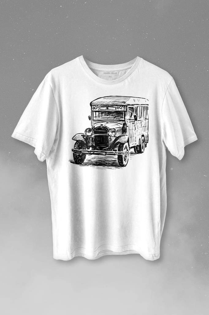 Old Bus Eski Yaşlı Nostalji Otobüs Baskılı Beyaz Tişört Unisex