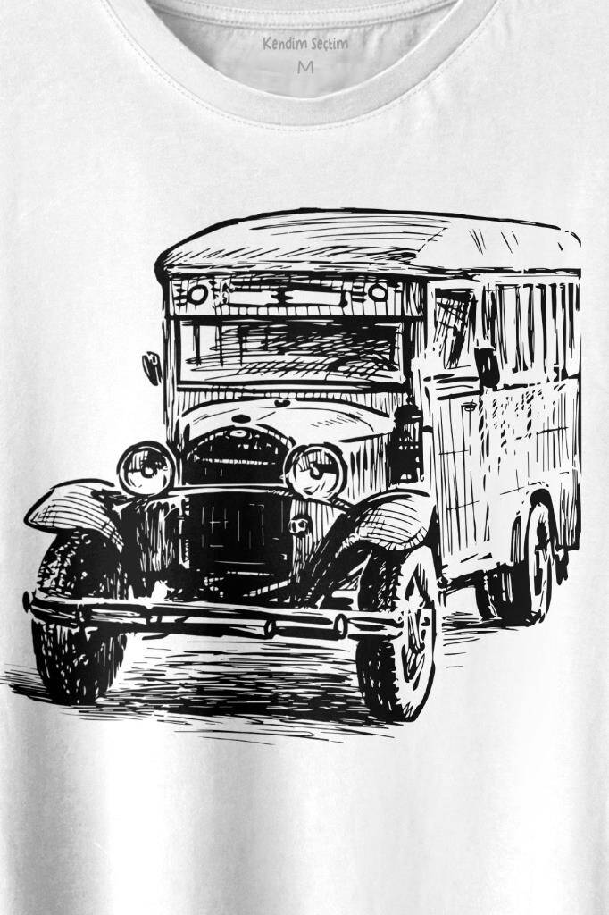 Old Bus Eski Yaşlı Nostalji Otobüs Baskılı Beyaz Tişört Unisex (1)