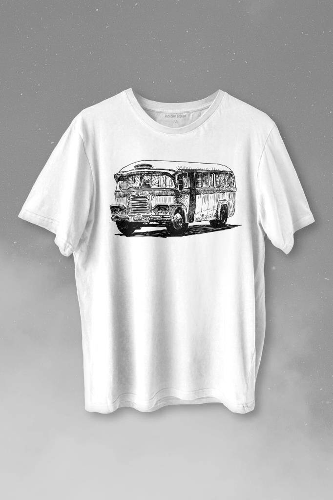 Old Bus Eski Yaşlı Nostalji Retro Otobüs Baskılı Beyaz Tişört Unisex