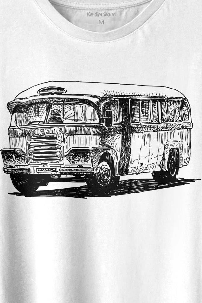 Old Bus Eski Yaşlı Nostalji Retro Otobüs Baskılı Beyaz Tişört Unisex (1)
