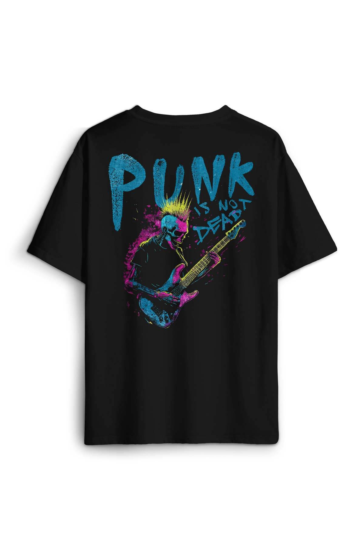 Oversize T-shirt Punk Is Not Dead Guitar Mohawk Rock Music Gitar Skull Baskılı Siyah Unisex Tişört (1)