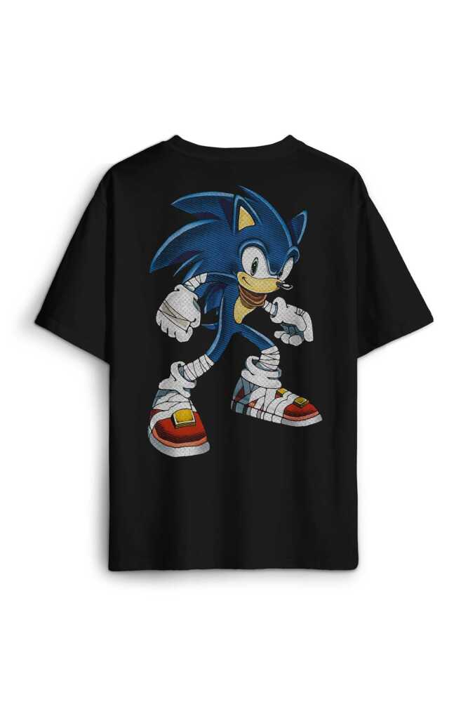Sonic The Hedgehog Boom Cartoon Baskılı Siyah Unisex Oversize Tişört