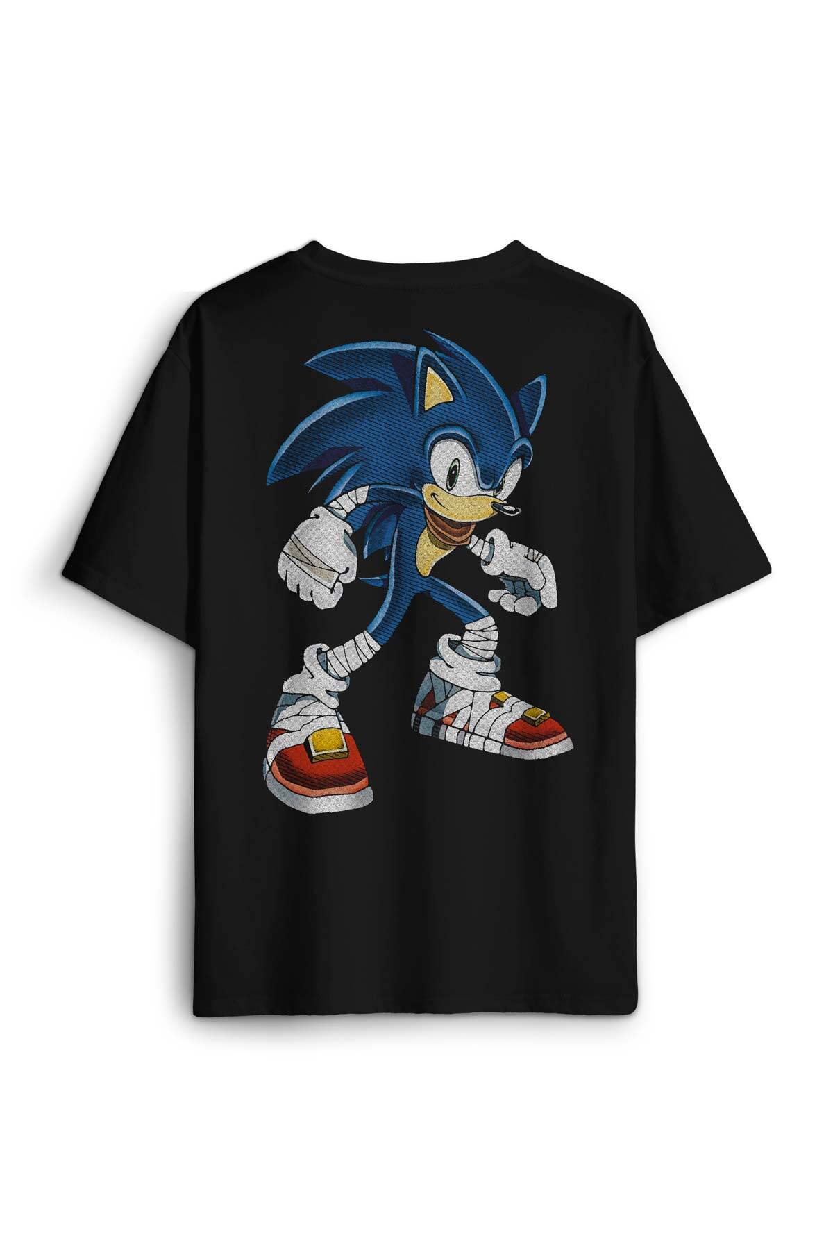 Sonic The Hedgehog Boom Cartoon Baskılı Siyah Unisex Oversize Tişört