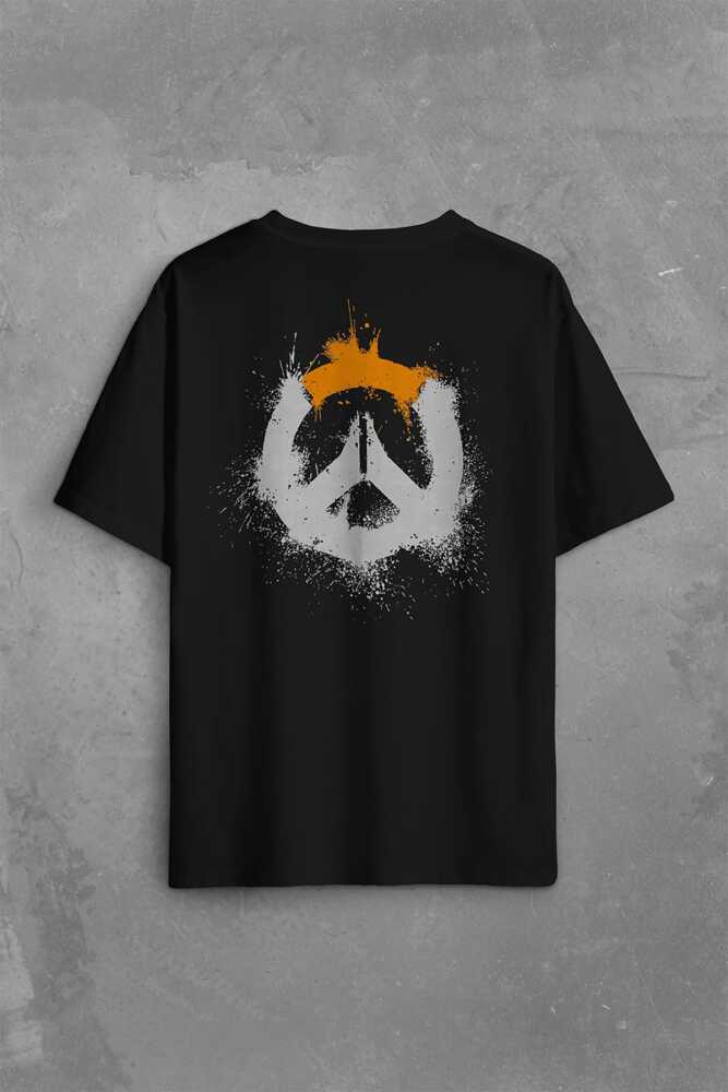 Overwatch Heroes Steam Grunge Logo Over Watch Sırt Ön Baskılı Siyah Oversize Tişört Unisex (1)