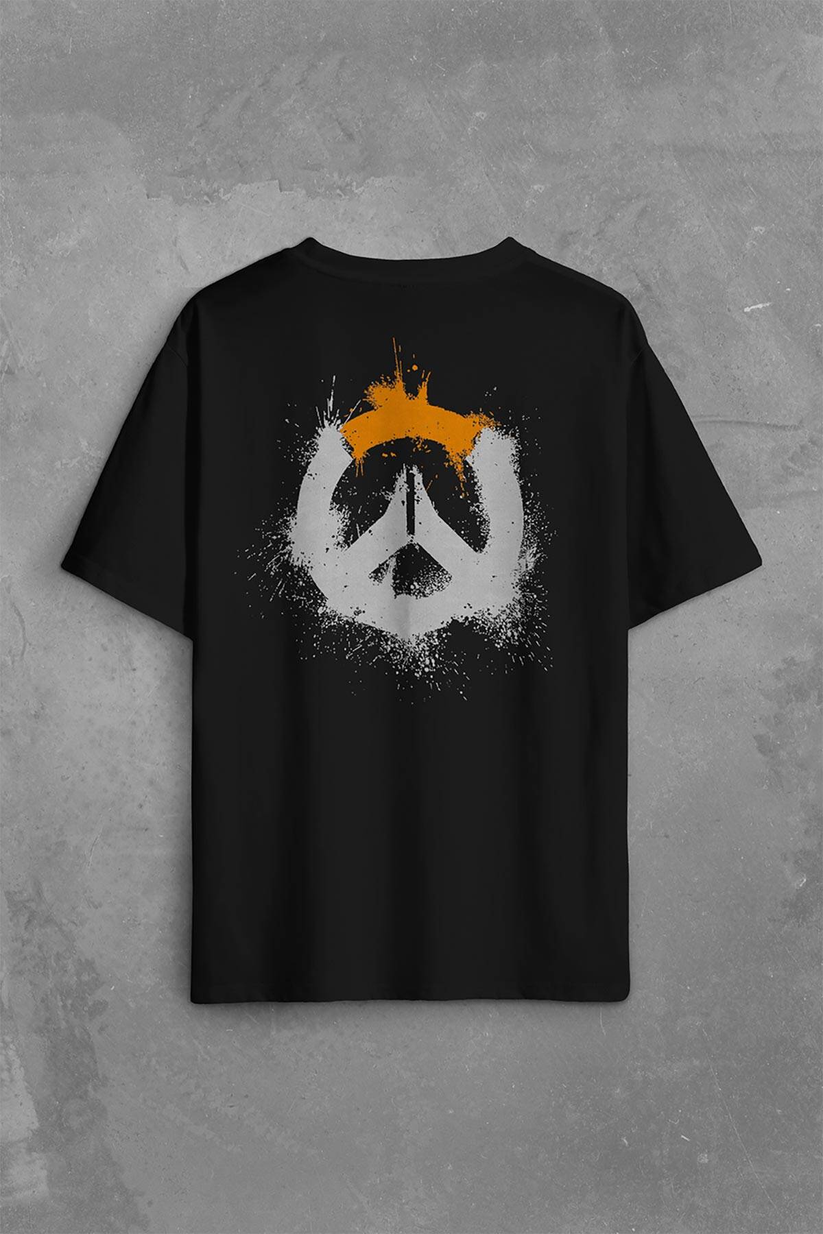 Overwatch Heroes Steam Grunge Logo Over Watch Sırt Ön Baskılı Siyah Oversize Tişört Unisex (1)