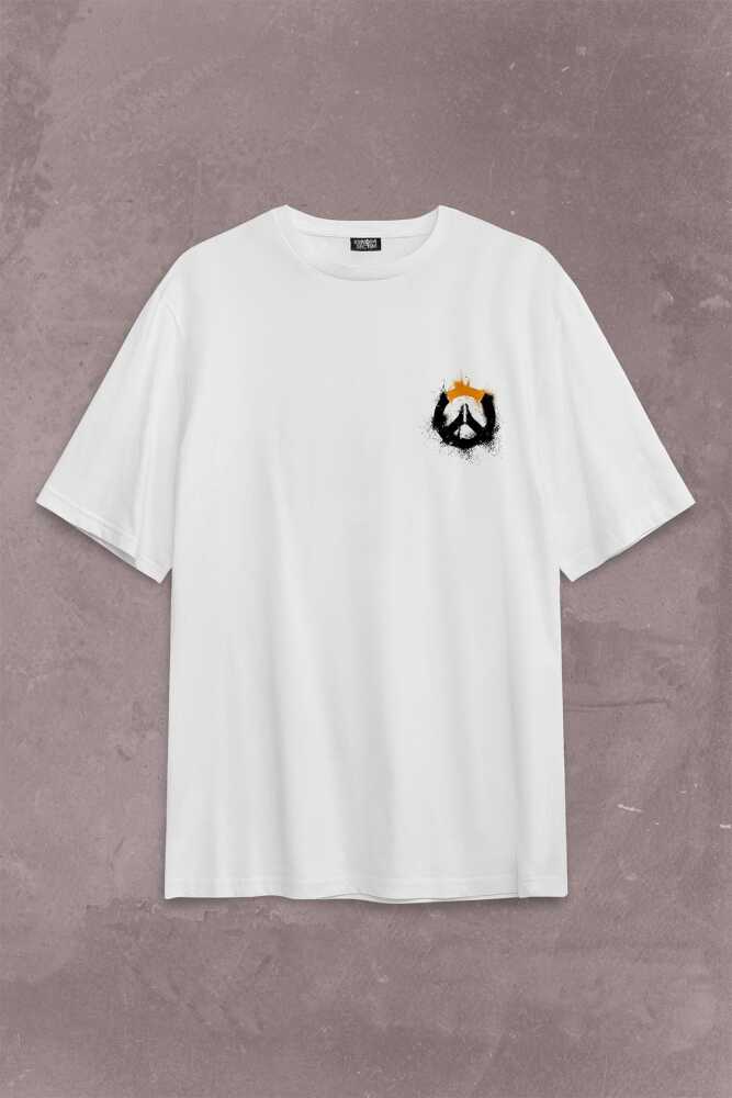 Overwatch Heroes Steam Grunge Logo Over Watch Sırt Ön Baskılı Beyaz Oversize Tişört Unisex