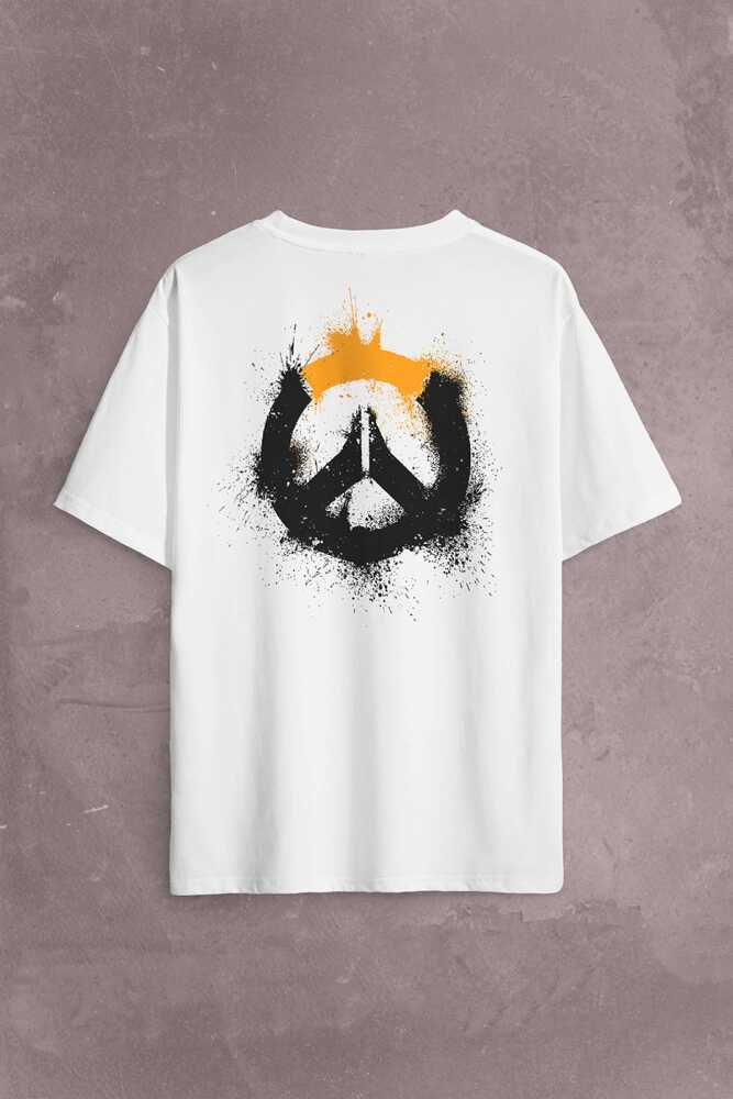 Overwatch Heroes Steam Grunge Logo Over Watch Sırt Ön Baskılı Beyaz Oversize Tişört Unisex (1)