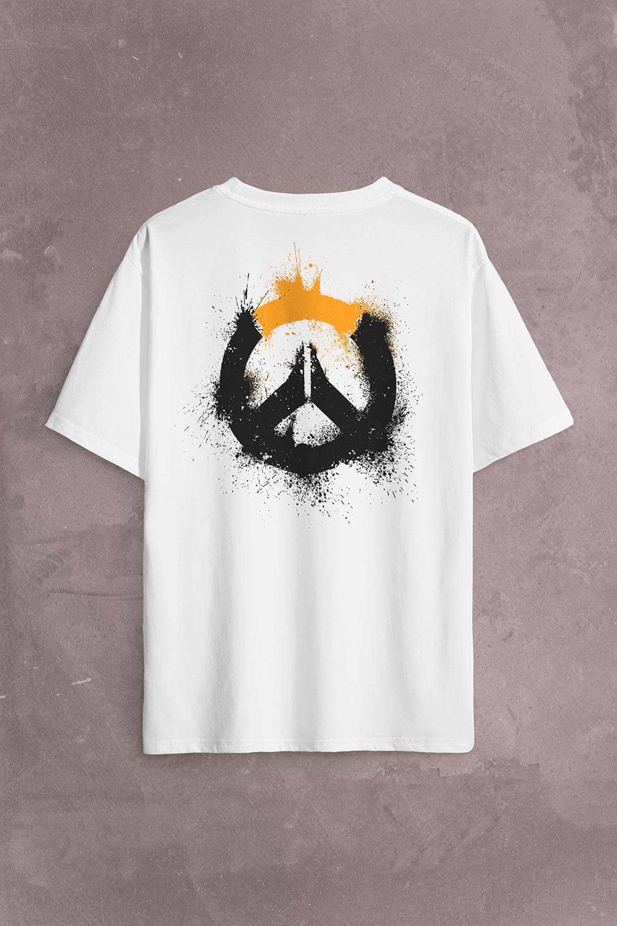 Overwatch Heroes Steam Grunge Logo Over Watch Sırt Ön Baskılı Beyaz Oversize Tişört Unisex (1)
