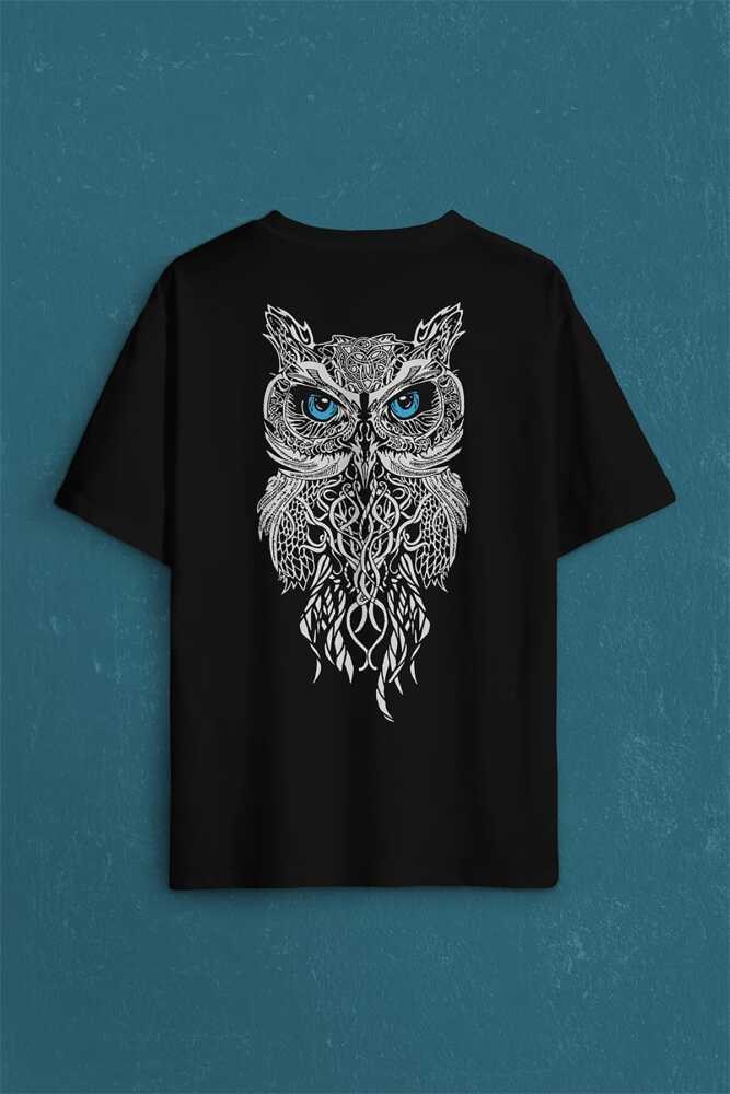 Owl Baykuş Design Desen Tasarım Yavru Minik Kuş Sırt Ön Baskılı Siyah Oversize Tişört Unisex (1)