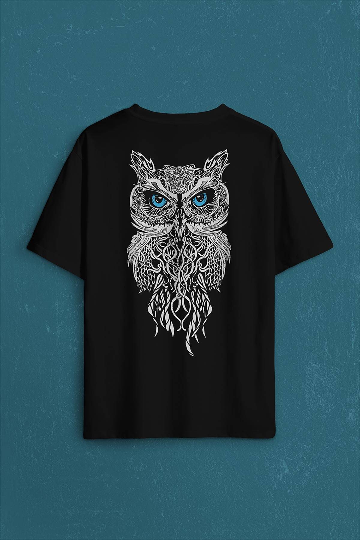 Owl Baykuş Design Desen Tasarım Yavru Minik Kuş Sırt Ön Baskılı Siyah Oversize Tişört Unisex (1)