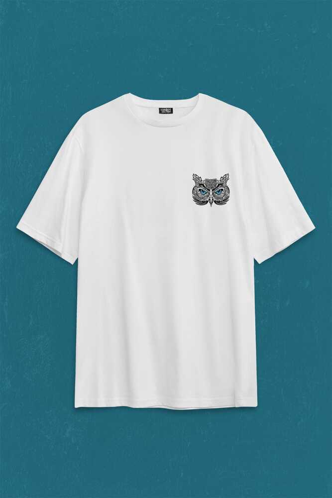 Owl Baykuş Design Desen Tasarım Yavru Minik Kuş Sırt Ön Baskılı Beyaz Oversize Tişört Unisex