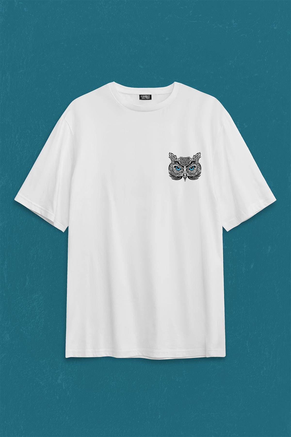 Owl Baykuş Design Desen Tasarım Yavru Minik Kuş Sırt Ön Baskılı Beyaz Oversize Tişört Unisex