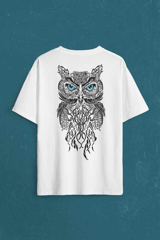 Owl Baykuş Design Desen Tasarım Yavru Minik Kuş Sırt Ön Baskılı Beyaz Oversize Tişört Unisex (1)