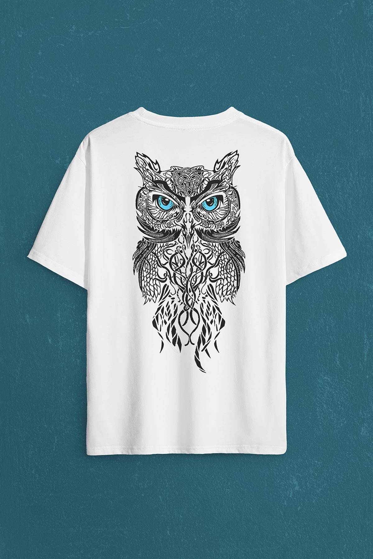 Owl Baykuş Design Desen Tasarım Yavru Minik Kuş Sırt Ön Baskılı Beyaz Oversize Tişört Unisex (1)