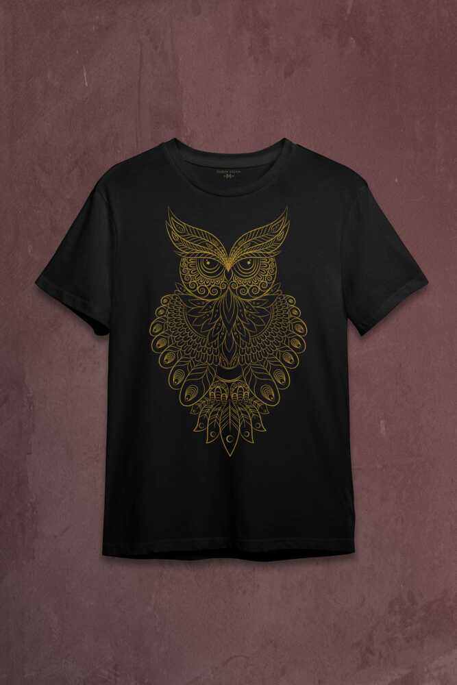 Owl Baykuş Silueti Calligraphy Çizim Baskılı Tişört Unisex