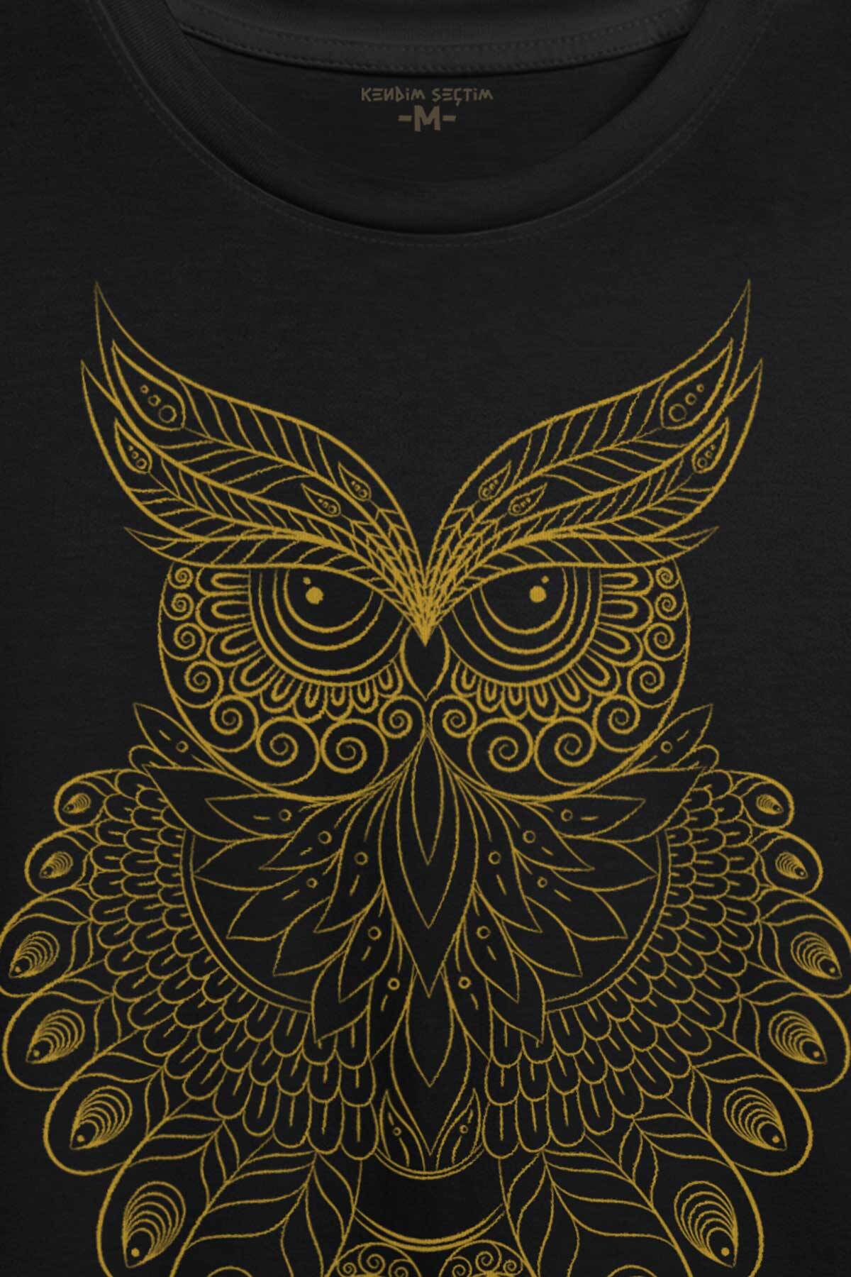 Owl Baykuş Silueti Calligraphy Çizim Baskılı Tişört Unisex - 2
