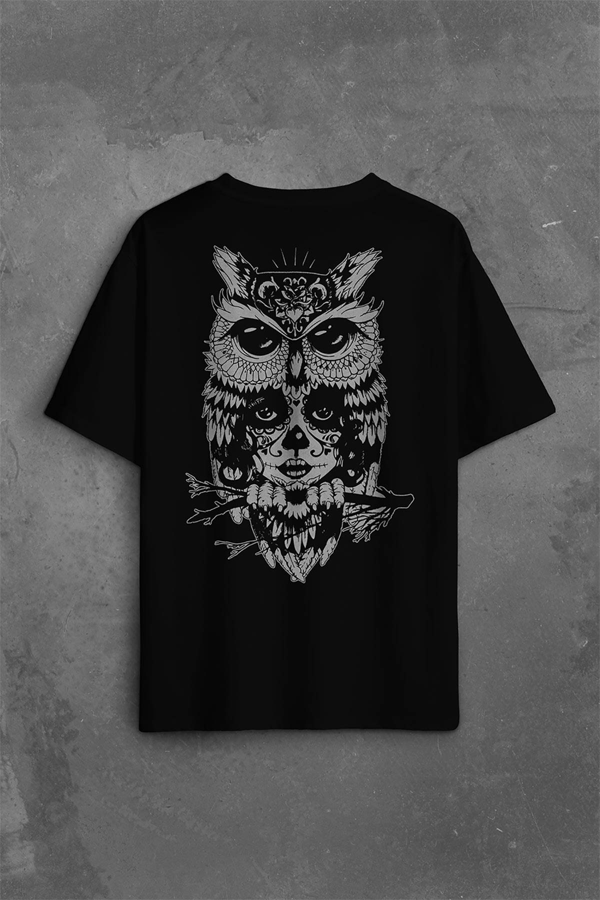 Owl Baykuş Üzgün Kız Güçlü Kadın Sırt Ön Baskılı Oversize Tişört Unisex (1)