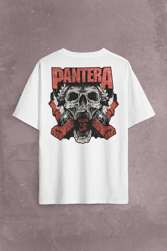 Pantera Skull Kuru Kafa Groove Heavy Metal Logo Sırt Ön Baskılı Beyaz Oversize Tişört Unisex - 2
