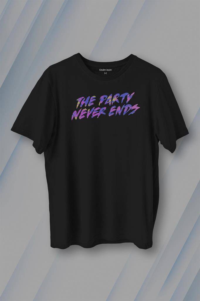 Party Never Ends Music Acid Baskılı Siyah Tişört Unisex