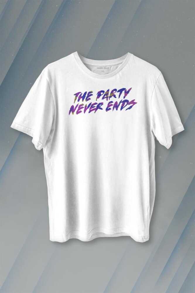 Party Never Ends Music Acid Baskılı Beyaz Tişört Unisex