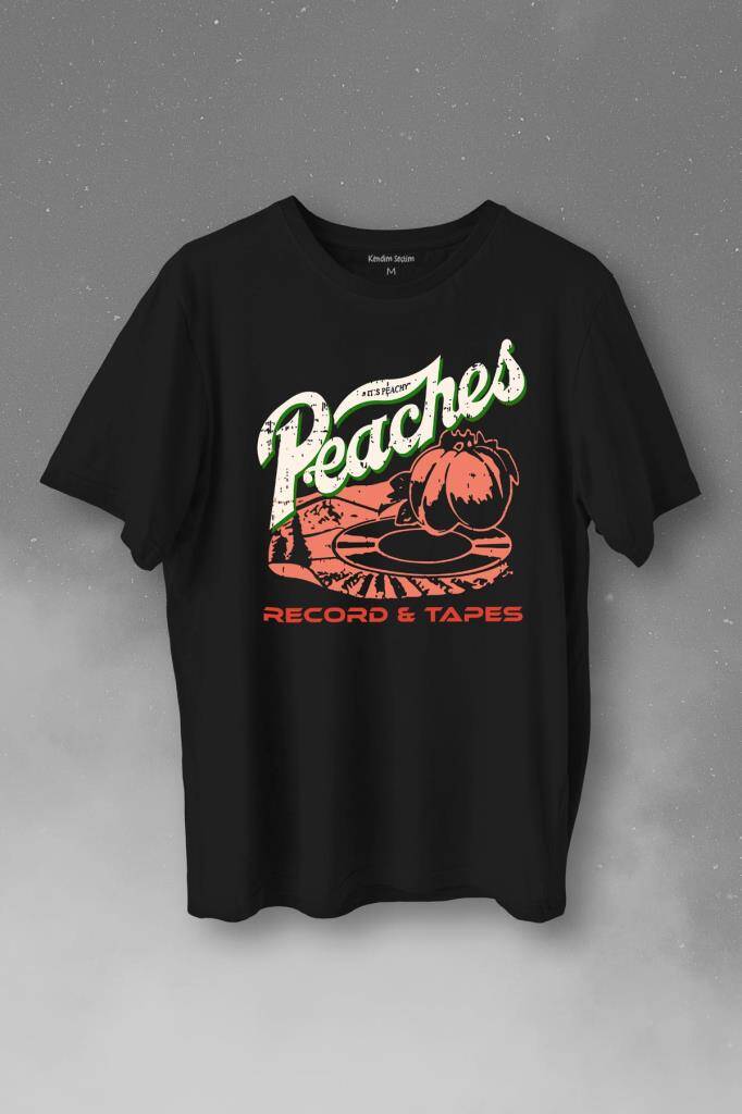 Peaches And Records Grunge Type Baskılı Siyah Tişört Unisex