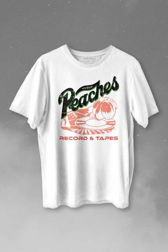 Peaches And Records Grunge Type Baskılı Beyaz Tişört Unisex