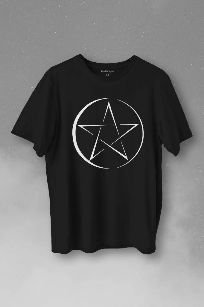 Pentagram Stencil Symbol Satanizm Baphomet Mührü Logosu Baskılı Siyah Tişört Unisex