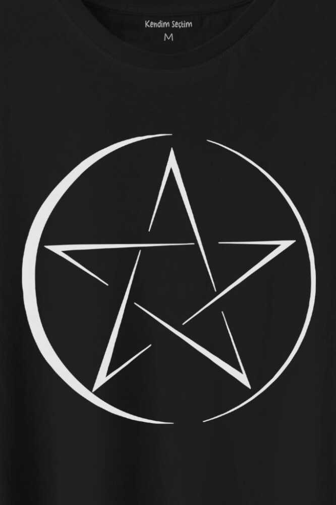 Pentagram Stencil Symbol Satanizm Baphomet Mührü Logosu Baskılı Siyah Tişört Unisex (1)