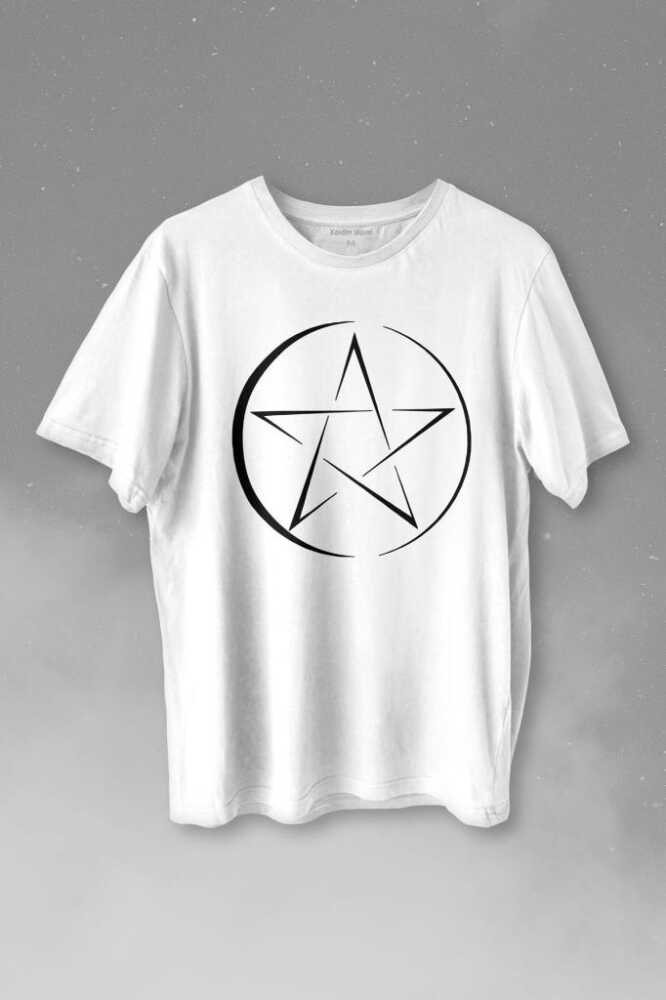 Pentagram Stencil Symbol Satanizm Baphomet Mührü Logosu Baskılı Beyaz Tişört Unisex