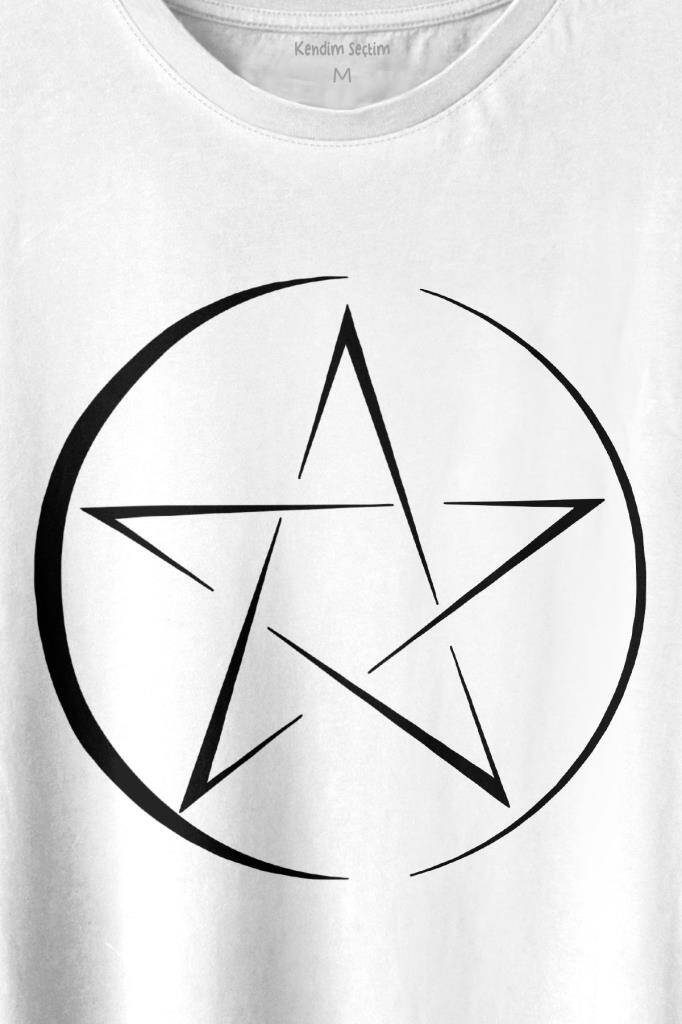 Pentagram Stencil Symbol Satanizm Baphomet Mührü Logosu Baskılı Beyaz Tişört Unisex (1)