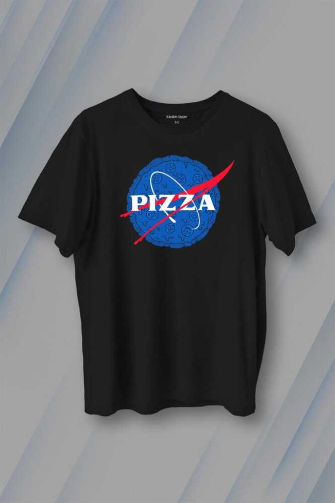 Pizza Nasa Uzay Ajansı Cosmos Astronot Baskılı Siyah Tişört Unisex