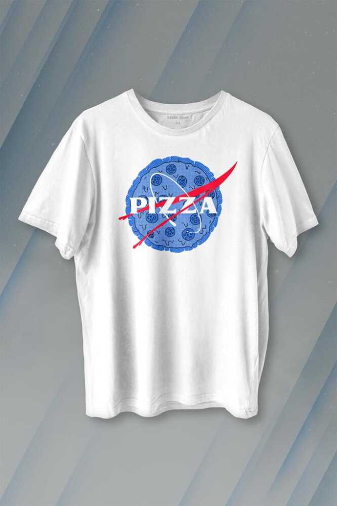Pizza Nasa Uzay Ajansı Cosmos Astronot Baskılı Beyaz Tişört Unisex - 1