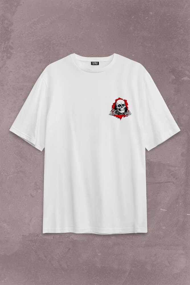 Powell Peralta Skull Kuru Kafa Skeleton Mavi Göz Sırt Ön Baskılı Beyaz Oversize Tişört Unisex