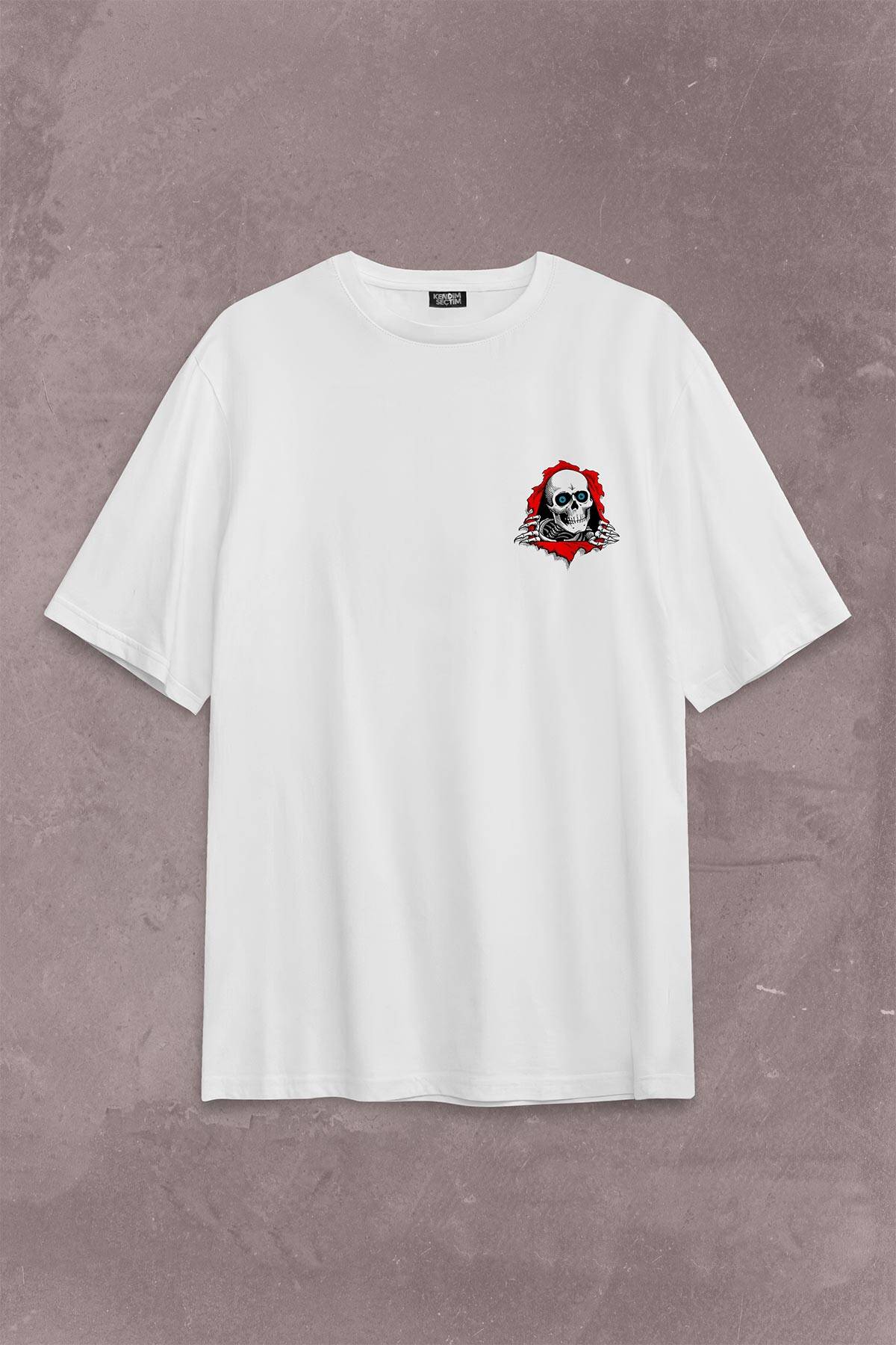 Powell Peralta Skull Kuru Kafa Skeleton Mavi Göz Sırt Ön Baskılı Beyaz Oversize Tişört Unisex