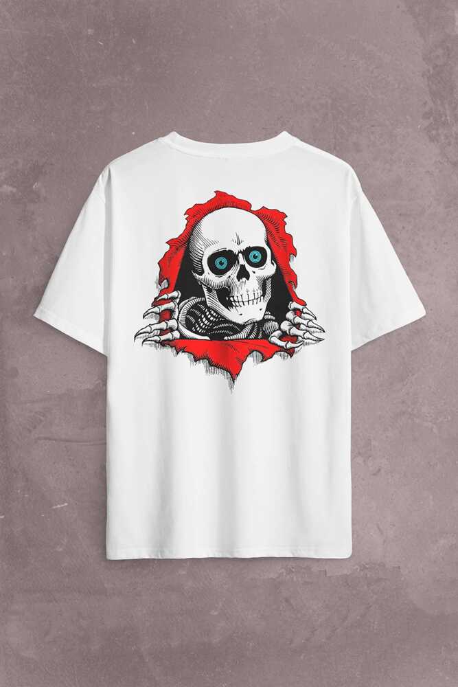 Powell Peralta Skull Kuru Kafa Skeleton Mavi Göz Sırt Ön Baskılı Beyaz Oversize Tişört Unisex (1)