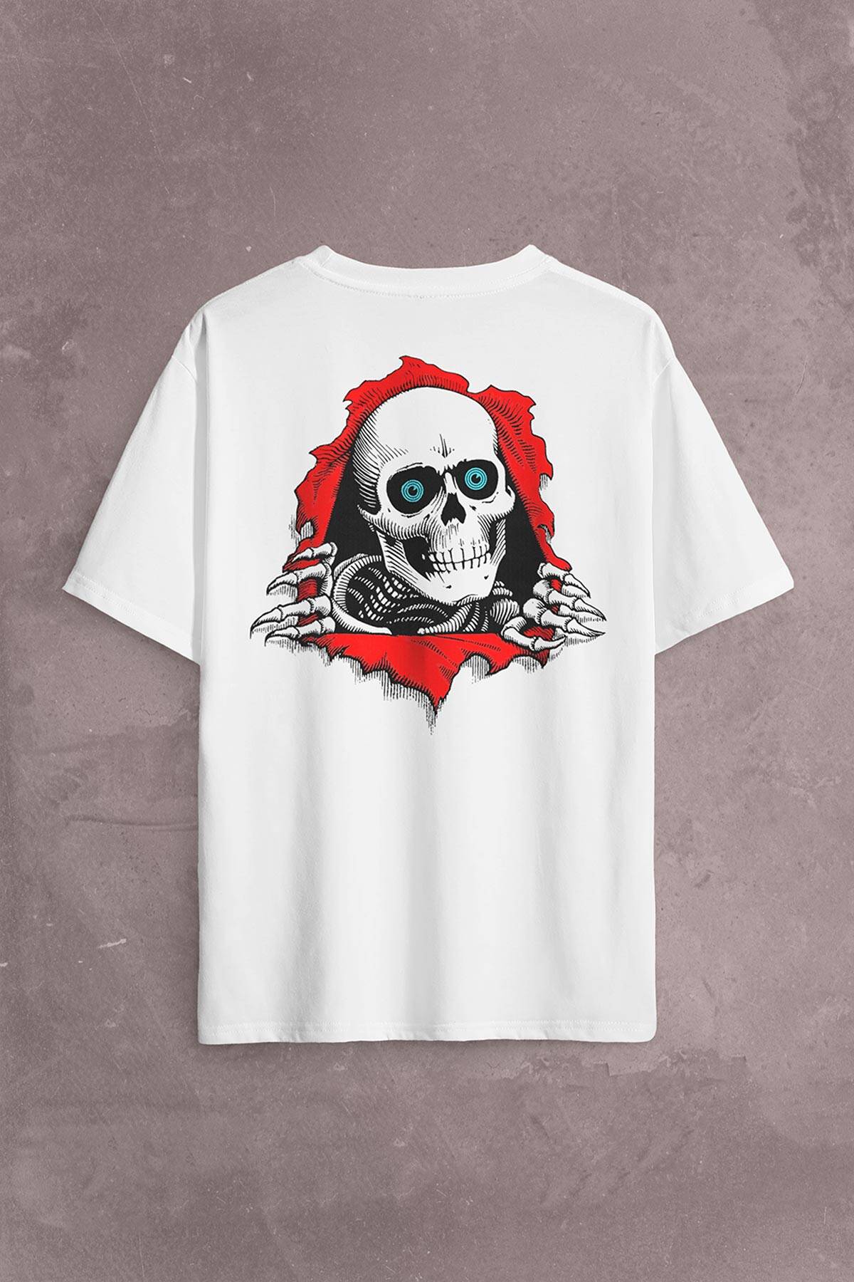 Powell Peralta Skull Kuru Kafa Skeleton Mavi Göz Sırt Ön Baskılı Beyaz Oversize Tişört Unisex (1)