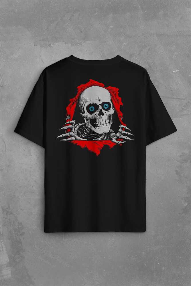 Powell Peralta Skull Kuru Kafa Skeleton Mavi Göz Sırt Ön Baskılı Siyah Oversize Tişört Unisex