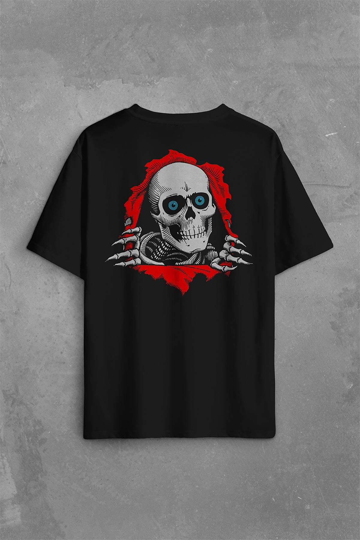 Powell Peralta Skull Kuru Kafa Skeleton Mavi Göz Sırt Ön Baskılı Siyah Oversize Tişört Unisex