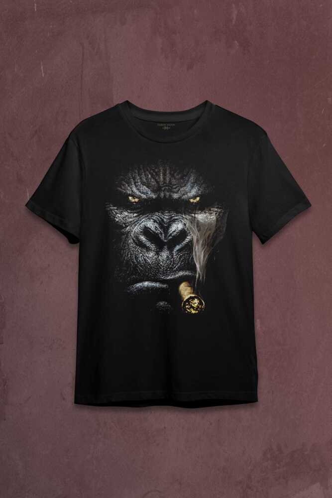 Puro İçen Şempanze Monkey Goril Maymun Baskılı Tişört Unisex