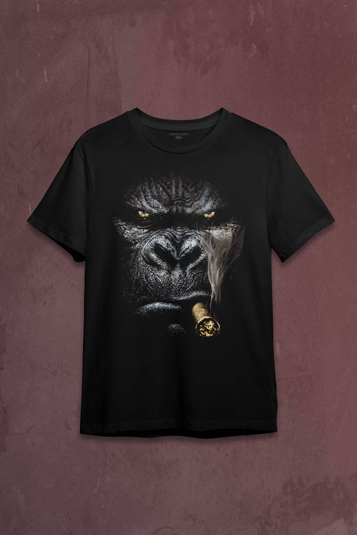 Puro İçen Şempanze Monkey Goril Maymun Baskılı Tişört Unisex - 1