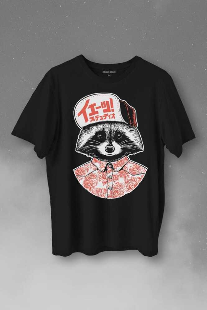Raccoon Gömlekli Rakun Silueti Baskılı Siyah Tişört Unisex