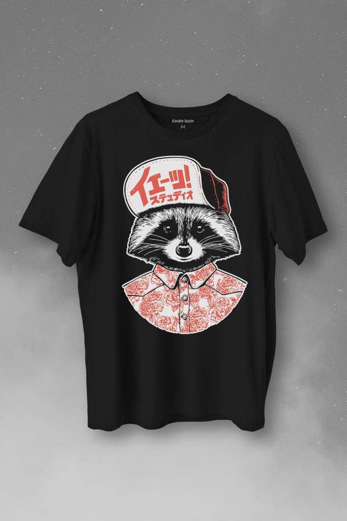 Raccoon Gömlekli Rakun Silueti Baskılı Siyah Tişört Unisex